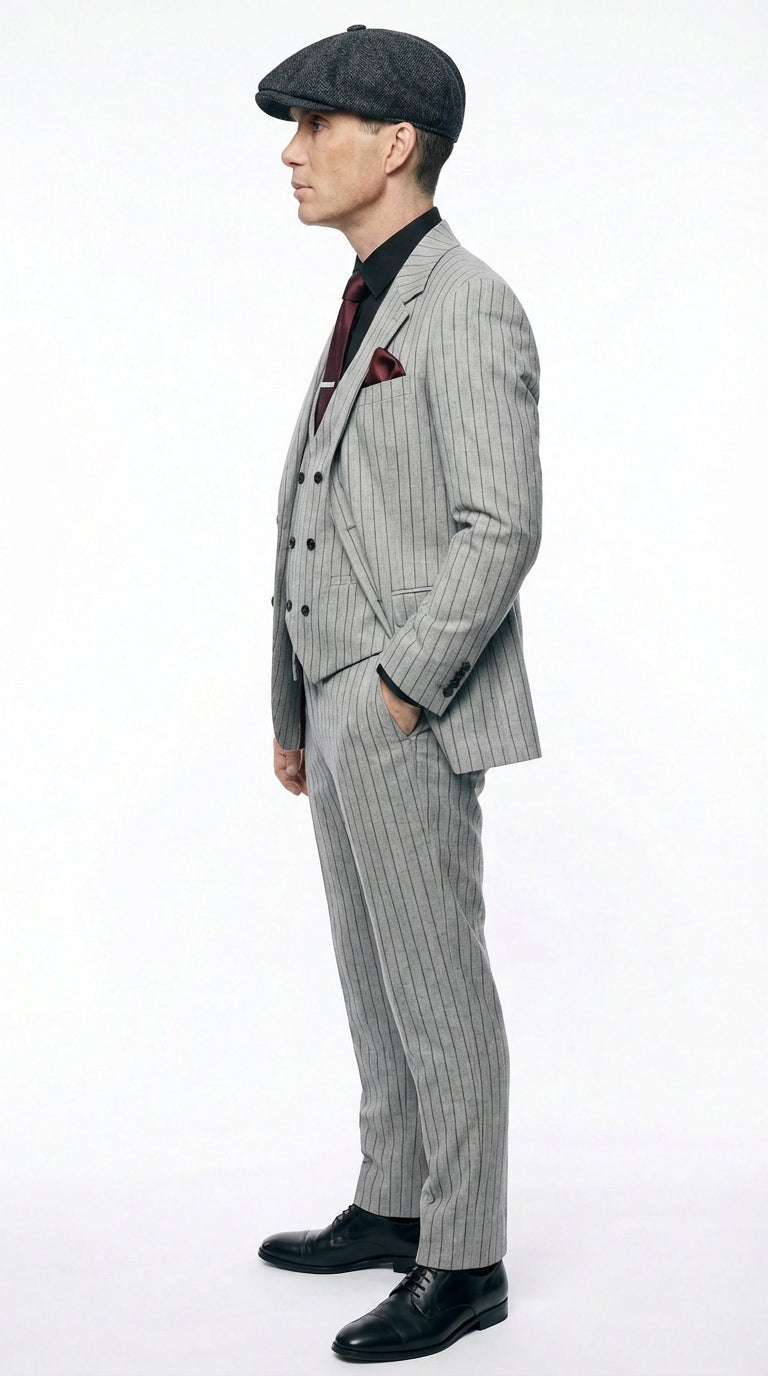 Men's Light Gray Pinstripe 3 Piece Suit – Peaky Blinders Inspired Vintage Gangster Style Formal Suit