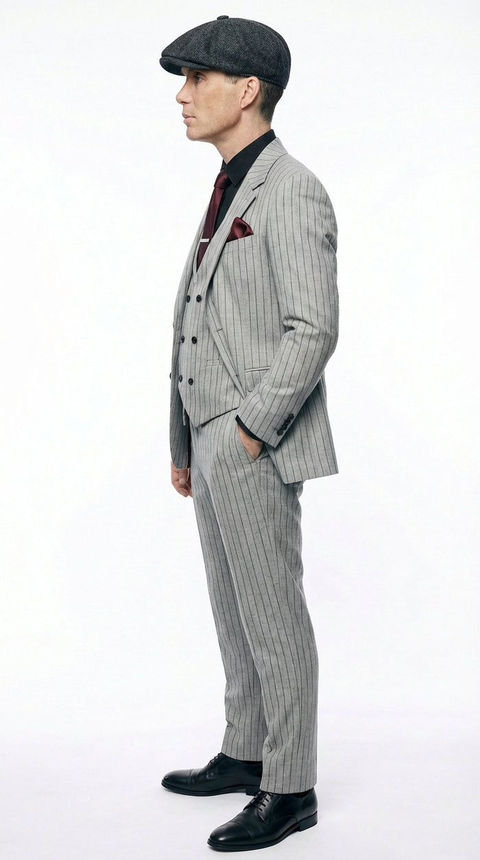 Men's Light Gray Pinstripe 3 Piece Suit – Peaky Blinders Inspired Vintage Gangster Style Formal Suit