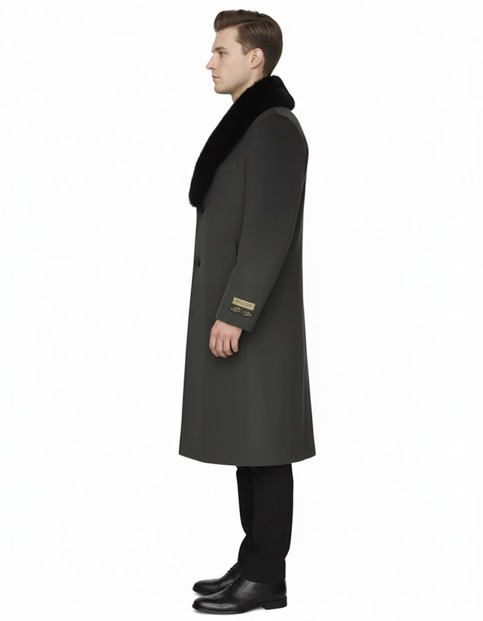 Men's olive-green overcoat with black fur collar. Luxury wool, double-breasted, straight cut, full-length.
