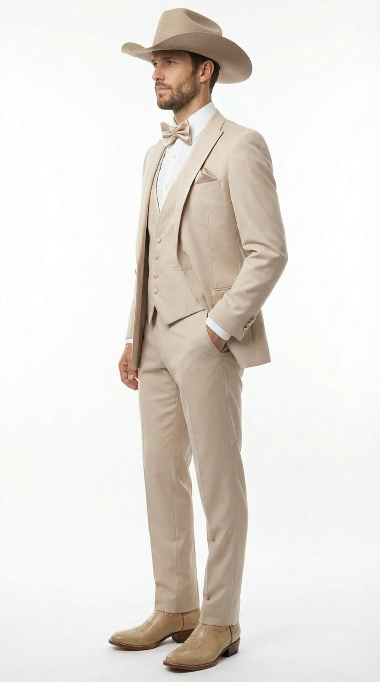 Mens Beige Tan Khaki CowboyTuxedo Suit – Western Formal Three Piece Suit with Jacket Vest and Pants