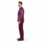 Burgundy tuxedo with satin shawl lapel. Slim fit, three-piece suit: jacket, trousers, white shirt, and bow tie. Smooth, glossy satin fabric. Formal and elegant.

