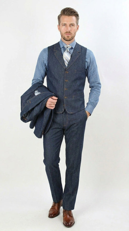 Men's Pleated Pants Dark Blue Denim 3 Piece Suit – 100% Cotton Formal Suit  Set, Blazer Vest Pants Outfit Classic Fit Athletic Fit Lose Fit