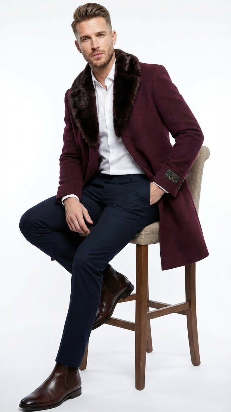 Burgundy men's three-quarter coat with faux fur collar, structured lapels, and tailored fit. Made of wool-like material for a solid, smooth look.
