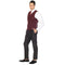 Solo adjustable vest in a deep burgundy color, featuring a classic V-neck design and six front buttons. It has a fitted shape that tapers at the waist, crafted from fabric that appears smooth with a slight sheen.