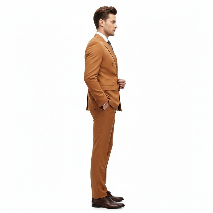 Men's slim fit double-breasted suit. Rust-orange-brown-copper color. Smooth fabric. Tailored silhouette, two front pockets, and buttoned cuffs.
