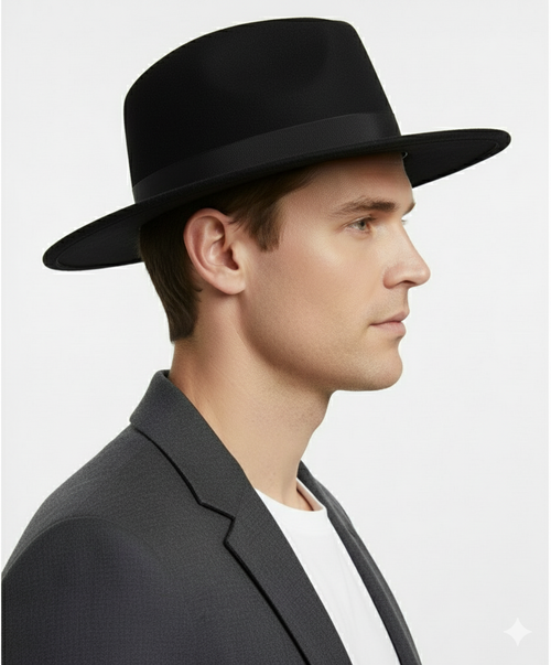 Men's black wool felt fedora hat with a wide brim and matching black band. Classic cylindrical shape.
