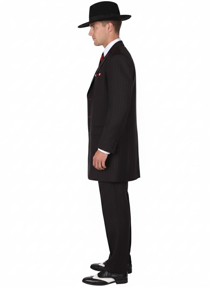 Black & red pinstripe zoot suit: long jacket, matching trousers, white shirt, red tie, black hat. Vertical stripes, straight cut, slight flare. Classic 1920s gangster style.