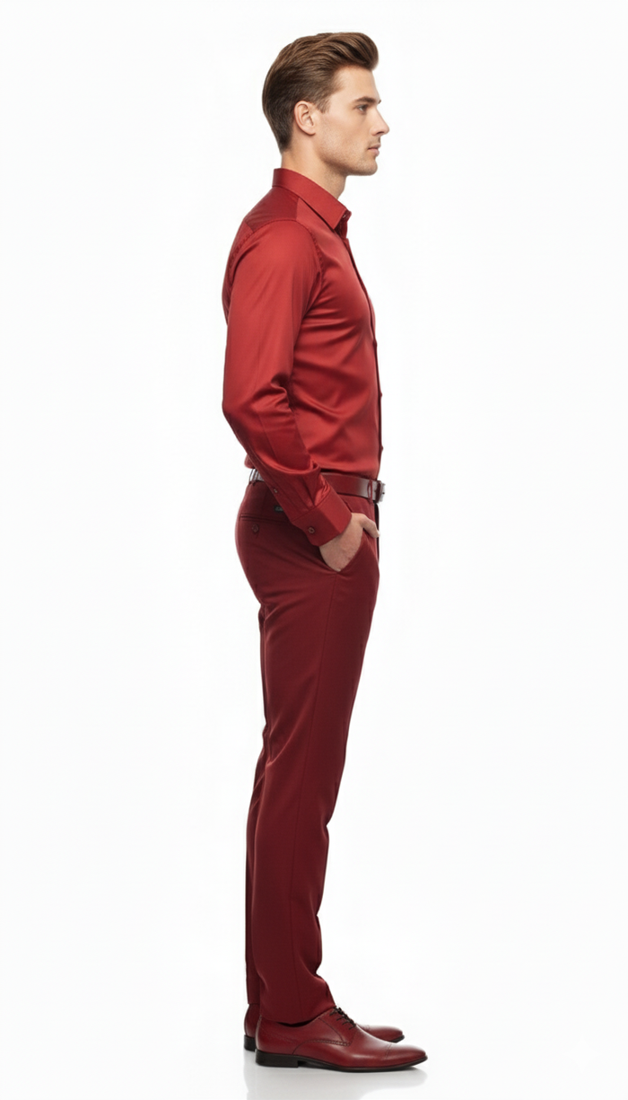 Men's red satin dress shirt. Long sleeve, classic collar, button closures. Smooth, shiny satin fabric. Tailored fitted design.
