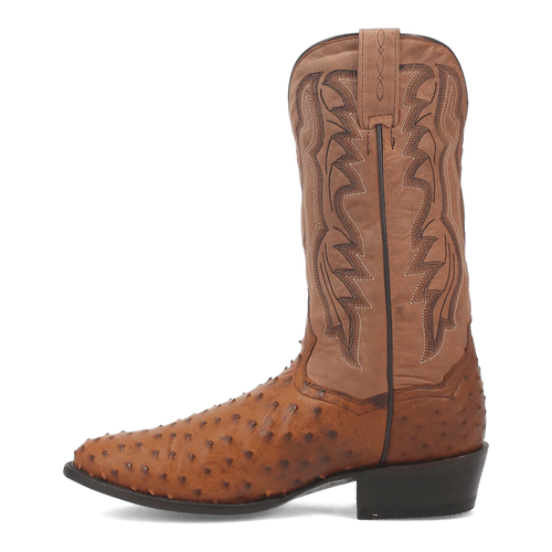 Dan Post Tempe boots for men: Brown, full quill ostrich leather. Round toe. Textured surface. Zigzag shaft stitching. Low heel.
