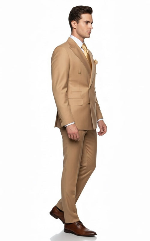 Camel double-breasted suit for men. Structured silhouette with tailored fit, flat pockets, and gold buttons. Smooth, closely woven fabric. Matching trousers included.
