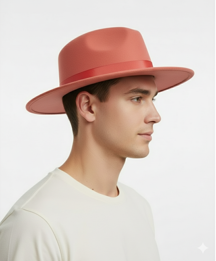 Men's coral pink fedora hat. Structured shape, flat crown, wide brim. Crafted from wool felt with a contrasting red ribbon band around the crown.
