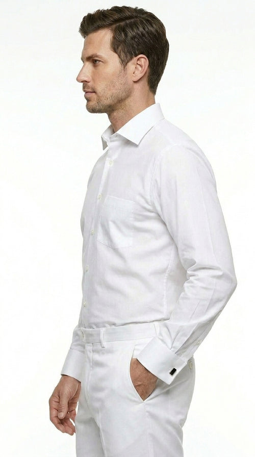 Men’s White Groomsmen Dress Shirt with Spread Collar, Long Sleeve Wedding Formal Shirt