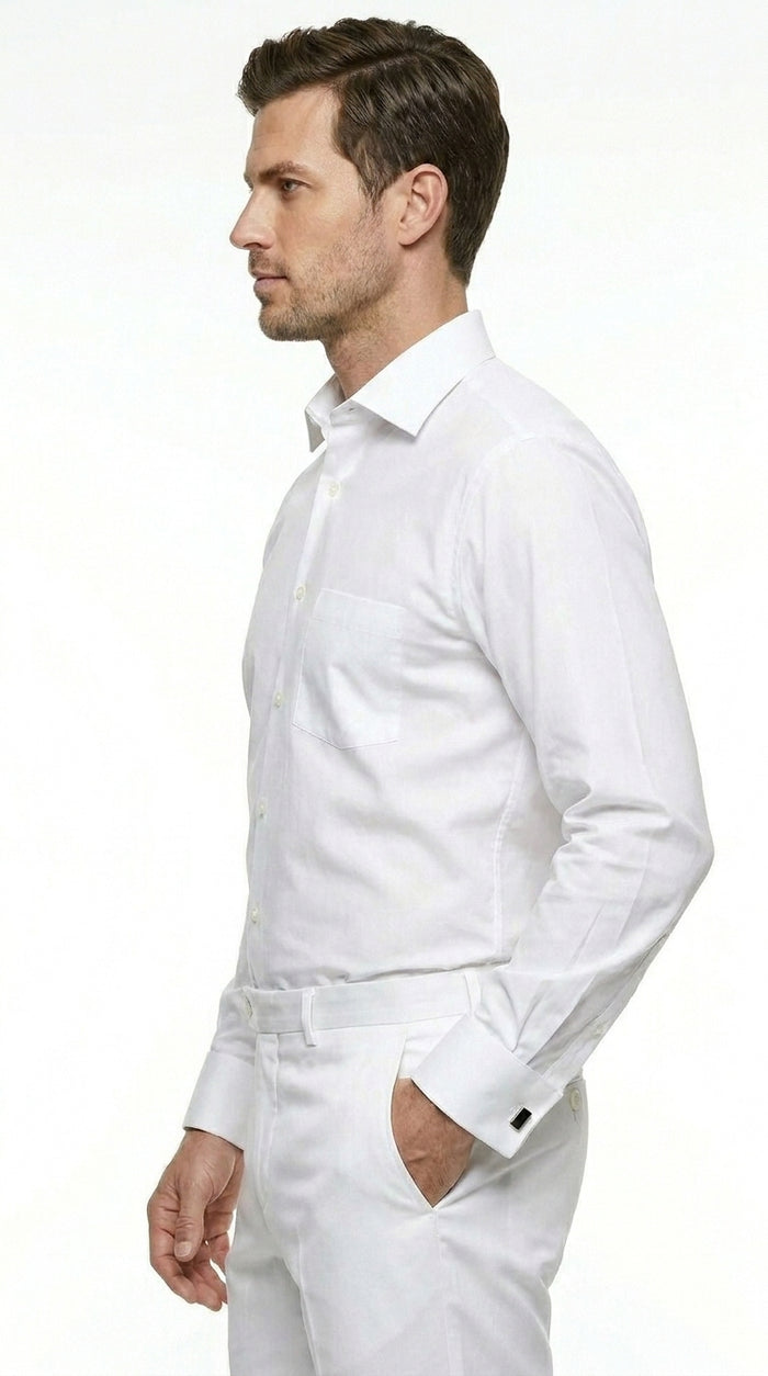 Men’s White Groomsmen Dress Shirt with Spread Collar, Long Sleeve Wedding Formal Shirt