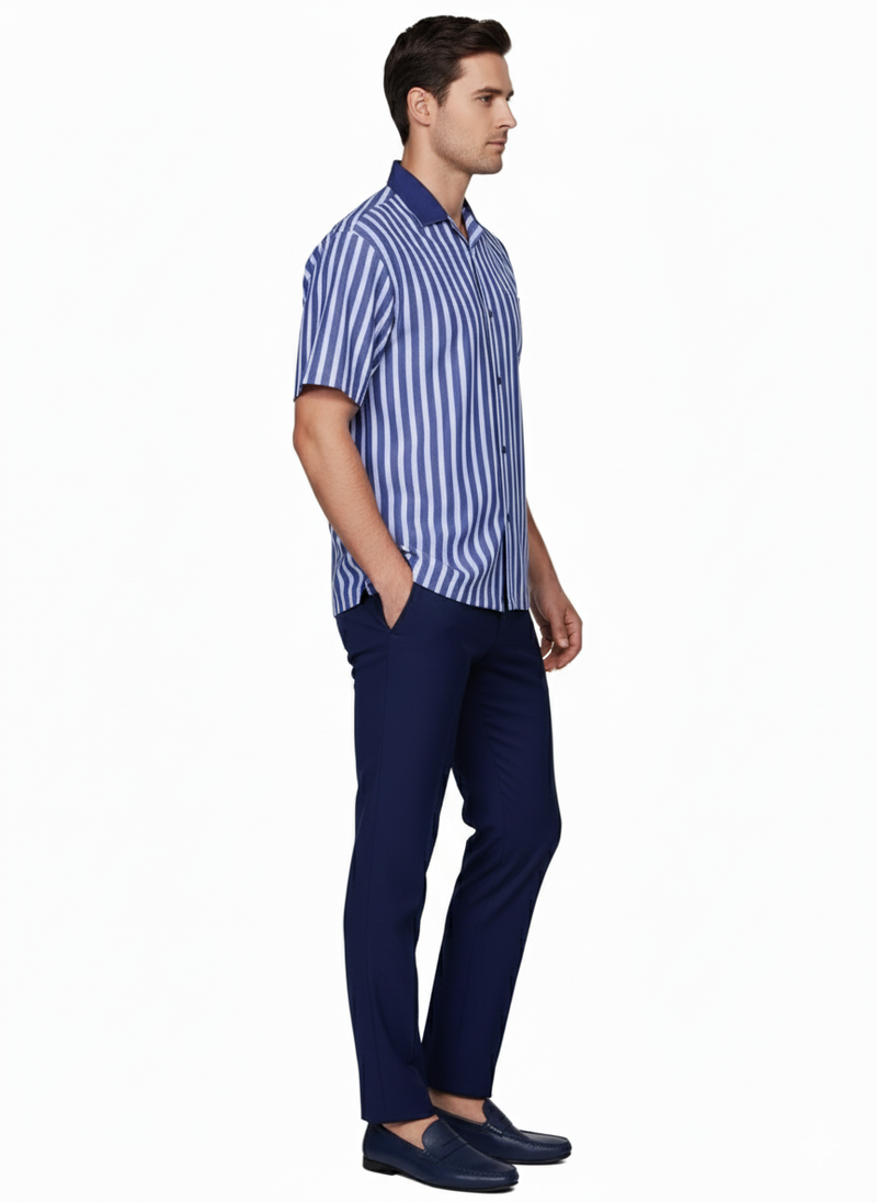 Men's blue & white striped short-sleeve shirt with button-down front & dark blue collar. Styled with solid navy pants for a classic look.

