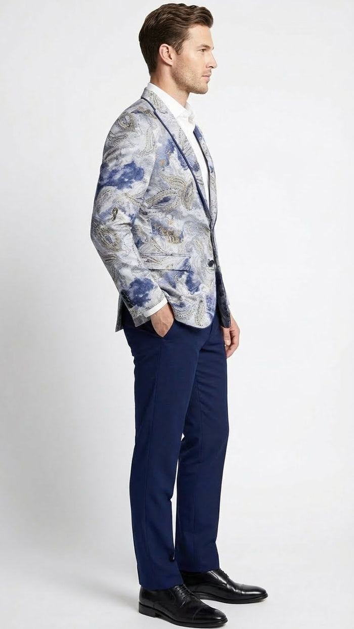 Alberto Nardoni men's blazer in navy & gray paisley print. Fitted, single-breasted with notched lapels & pockets. Smooth, textured fabric. Styled with a white dress shirt.
