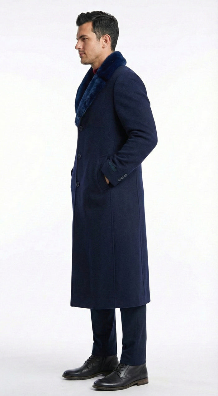 Mens Dark Navy Blue Long Overcoat with Faux Fur Collar, Classic Winter Dress Coat for Formal