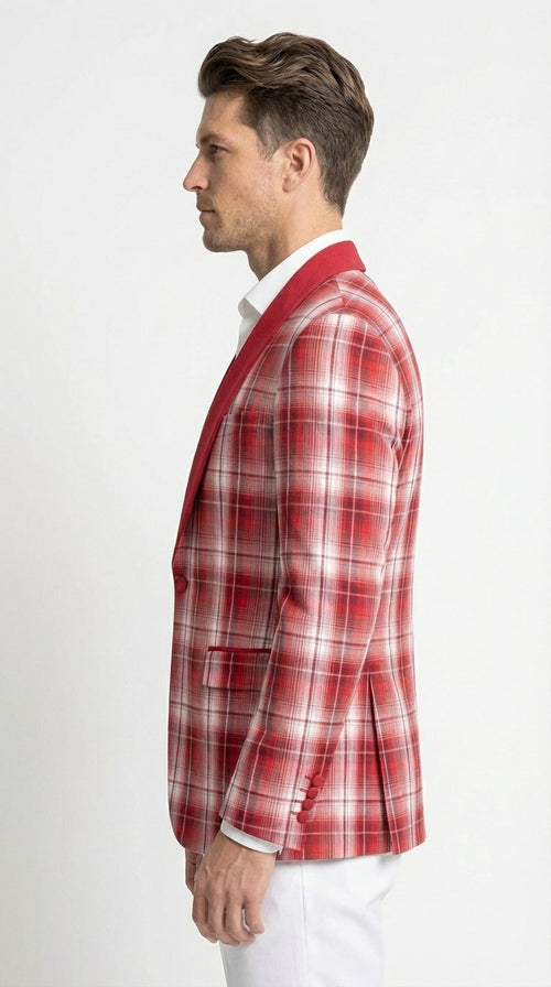 Mens Tartan Red and White Plaid Blazer – Check Pattern Sport Coat Red Shawl Lapel Party Christmas Holiday New Year