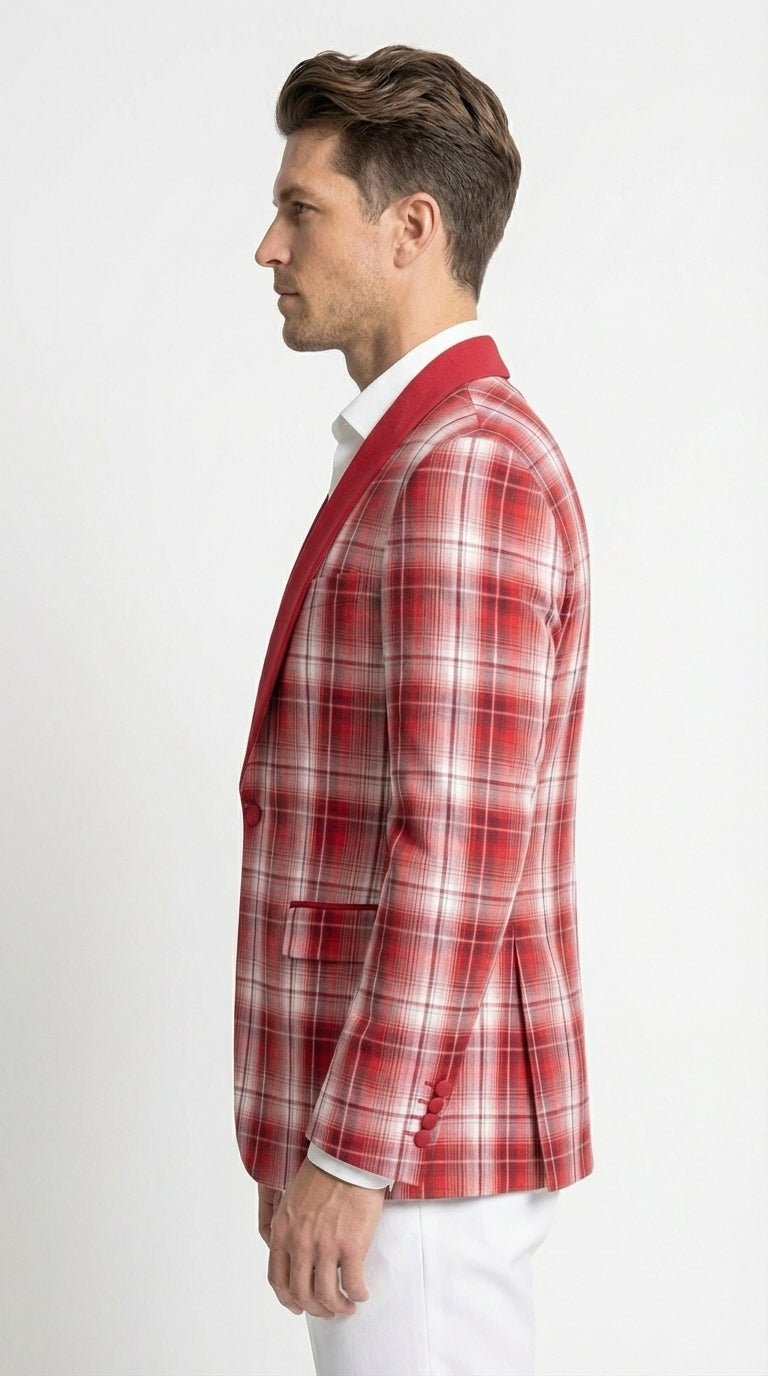 Mens Tartan Red and White Plaid Blazer – Check Pattern Sport Coat Red Shawl Lapel Party Christmas Holiday New Year
