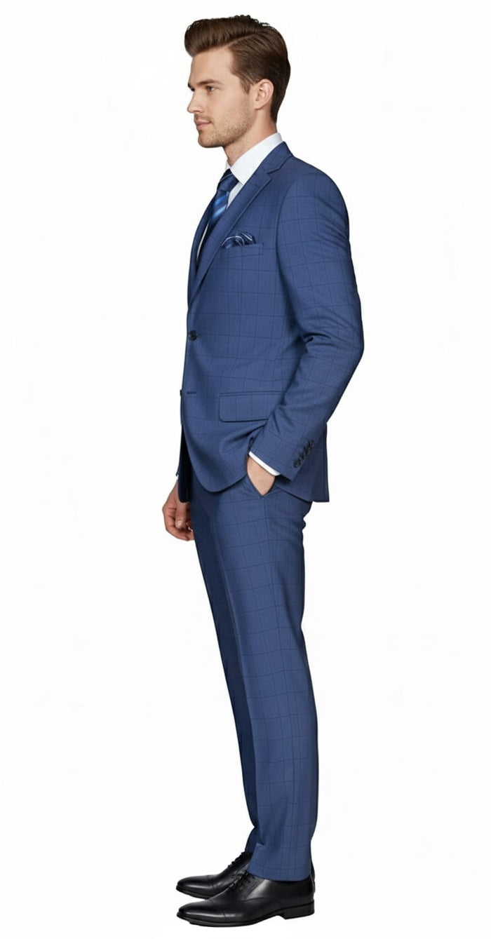 Cobalt blue men's suit with windowpane check. Structured jacket, notched lapels, two pockets. Slim-fit trousers, matching color/pattern. Smooth, slightly textured fabric.
