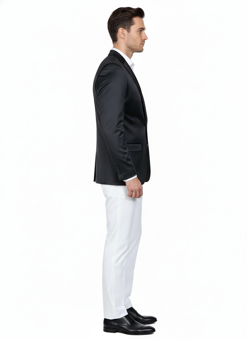 Men's slim fit black satin blazer. Two-button closure, smooth fabric, and structured shoulders create a tailored silhouette. A classic and refined look.
