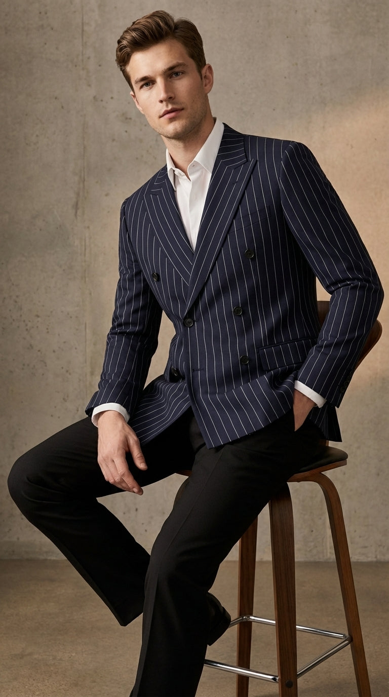 Mens Navy Blue Pinstripe Double Breasted Blazer Sport Coat – Classic Formal Business Jacket for Party and Smart Casual Wear