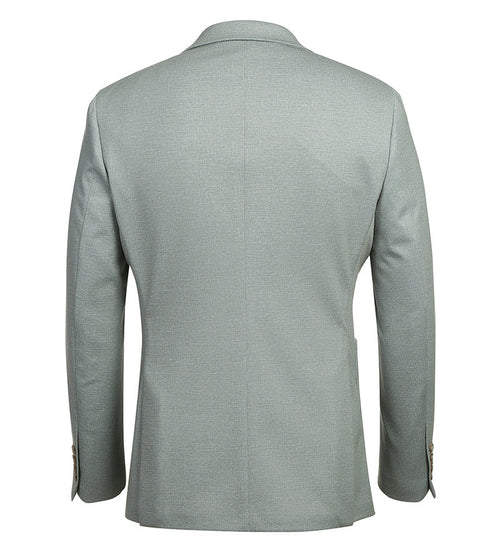 Light sage gray slim-fit blazer with a tailored silhouette. Features structured shoulders, notched lapel, textured fabric, two cuff buttons, and a rear vent for a fitted look.
