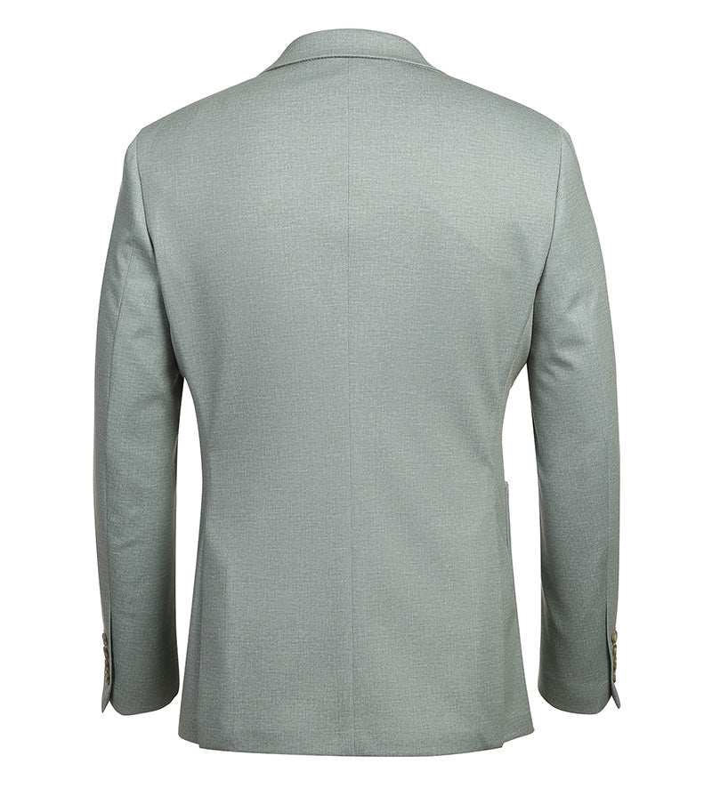 Light sage gray slim-fit blazer with a tailored silhouette. Features structured shoulders, notched lapel, textured fabric, two cuff buttons, and a rear vent for a fitted look.

