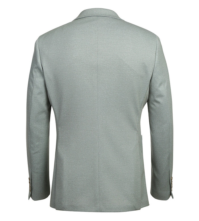 Light sage gray slim-fit blazer with a tailored silhouette. Features structured shoulders, notched lapel, textured fabric, two cuff buttons, and a rear vent for a fitted look.
