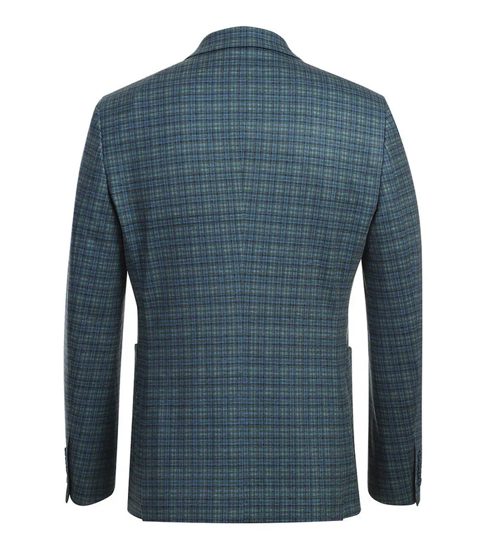 Green-blue check slim fit blazer with half canvas construction. Features notch lapel, two back vents, and a tailored, structured fit. Woven fabric with a textured finish.
