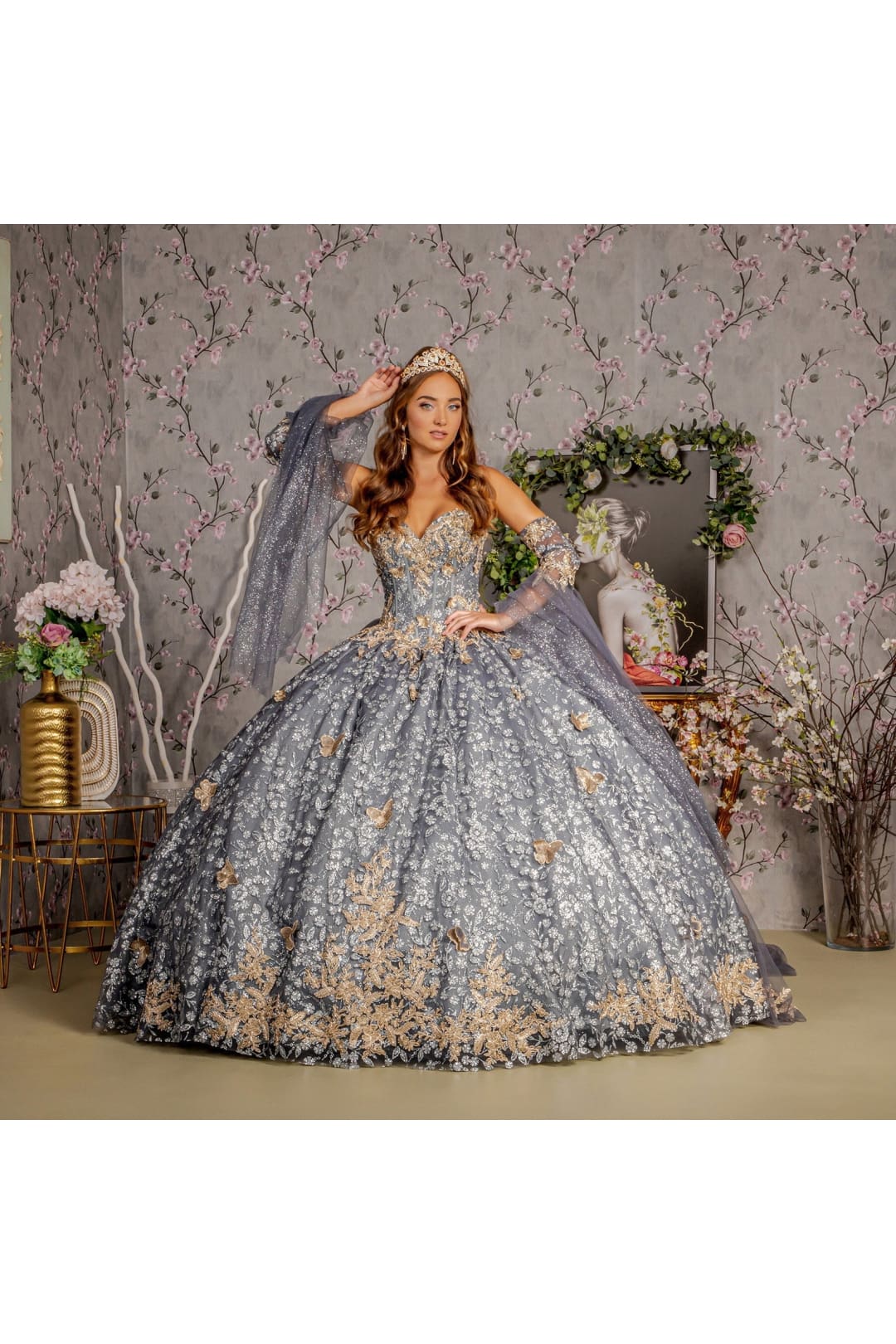 3D Butterfly Bell Sleeve Ball Gown by GLS Gloria GL3318