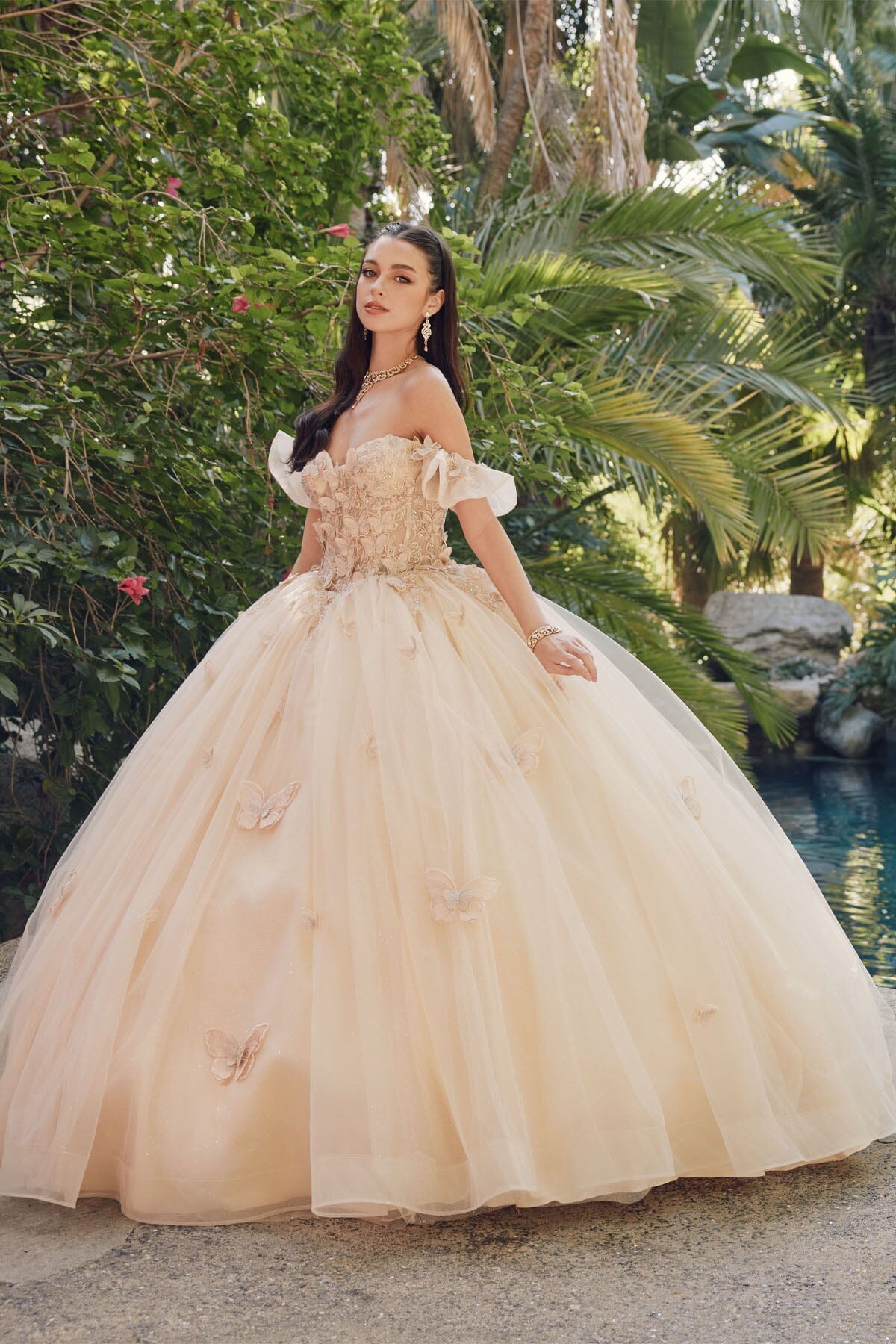 Juliet 1448J 3D Butterfly Appliqué Off Shoulder Glitter Tulle Corset Quinceanera Dress