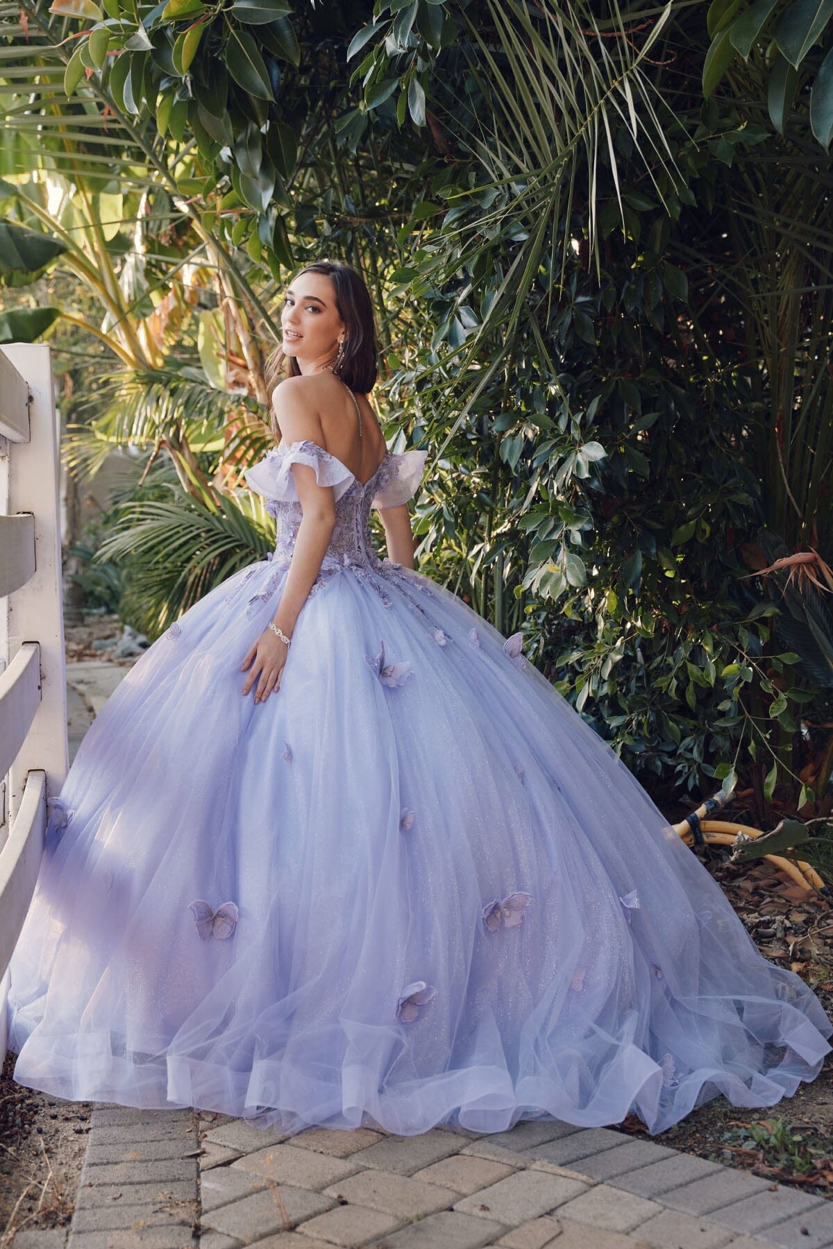 Juliet 1448J 3D Butterfly Appliqué Off Shoulder Glitter Tulle Corset Quinceanera Dress