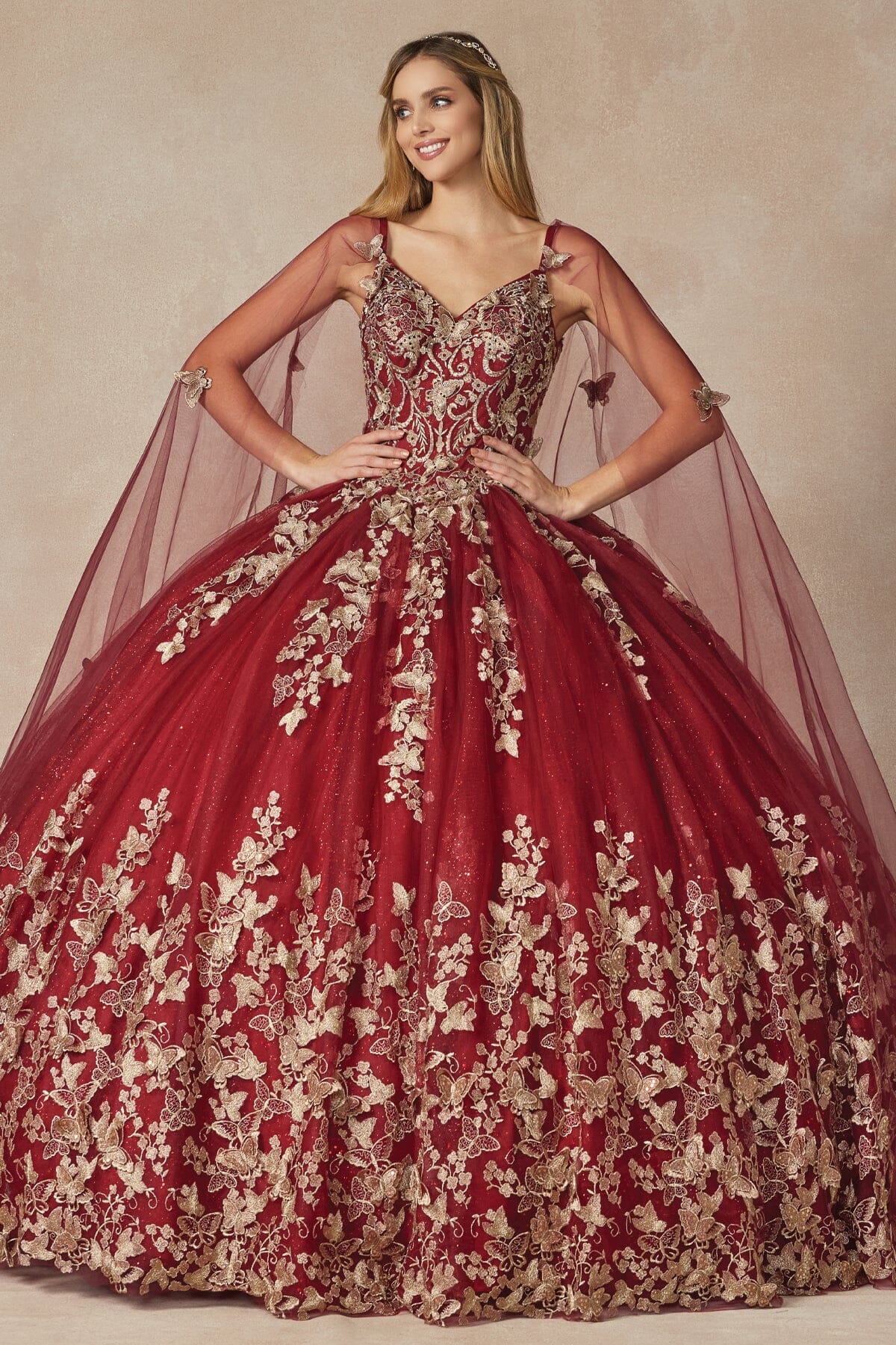 Juliet 1442 3D Butterfly Appliqué Glitter Tulle Sleeveless Quinceanera Dress