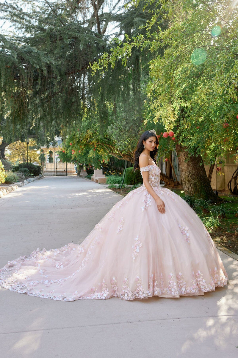 Juliet 1460J 3D Floral Appliqué Off-Shoulder Glitter Tulle Corset Quinceanera Dress