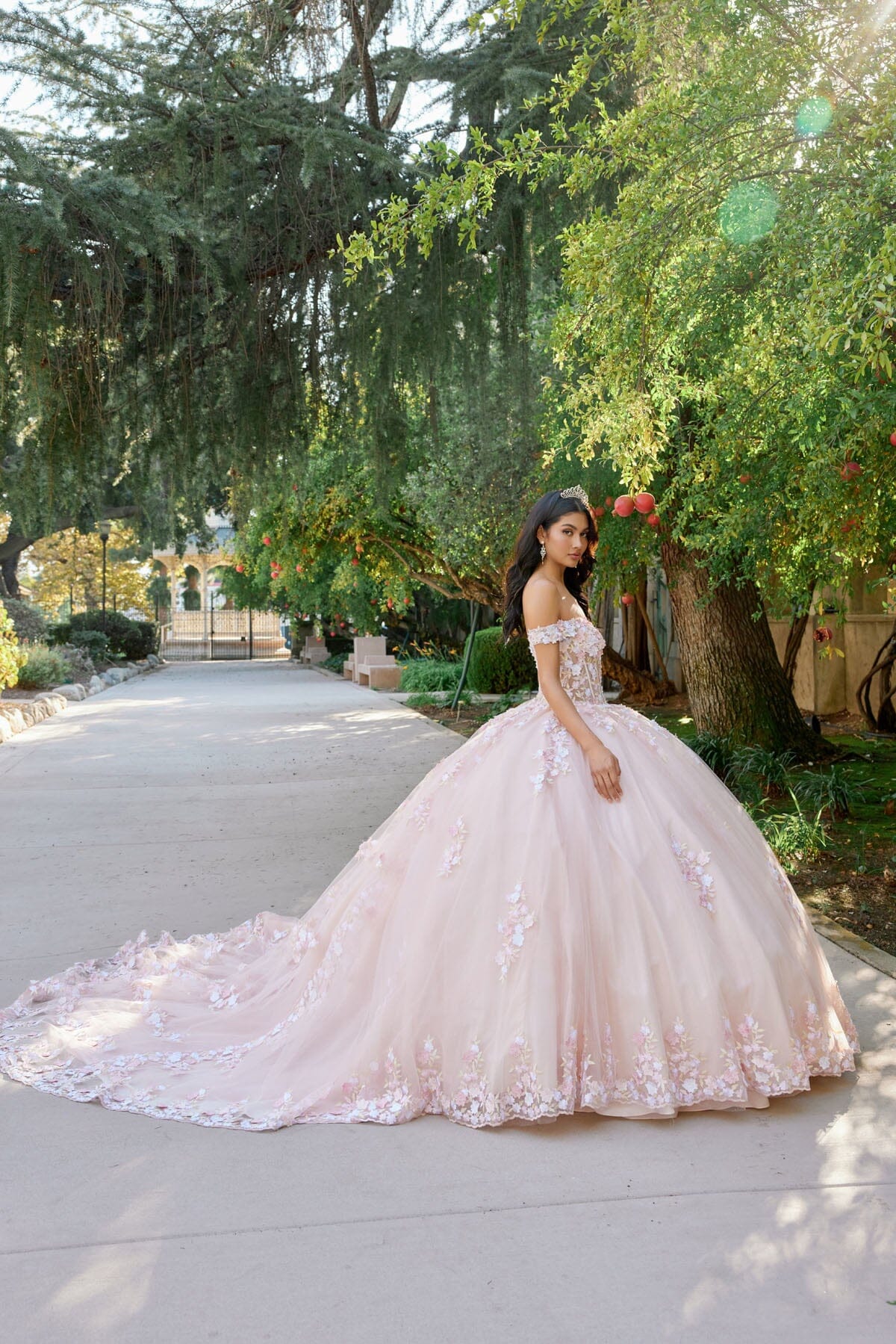 Juliet 1460J 3D Floral Appliqué Off-Shoulder Glitter Tulle Corset Quinceanera Dress