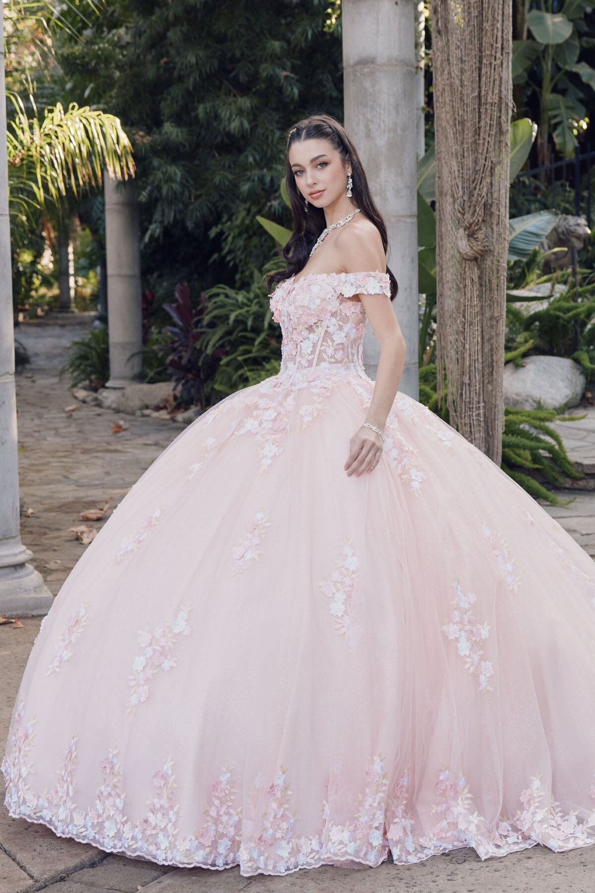 Juliet 1460J 3D Floral Appliqué Off-Shoulder Glitter Tulle Corset Quinceanera Dress