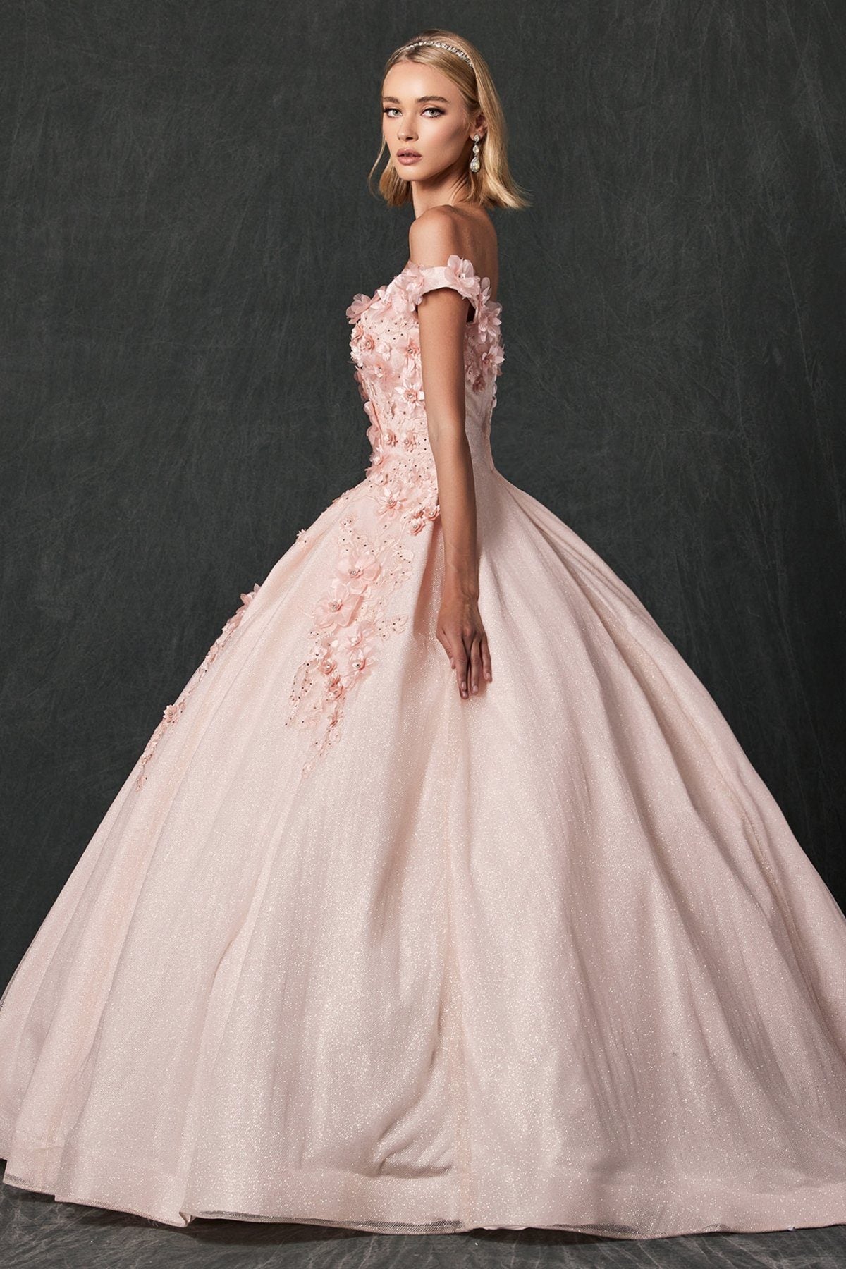 Juliet 1433 3D Floral Lace Glitter Tulle Off Shoulder Quinceanera Dress