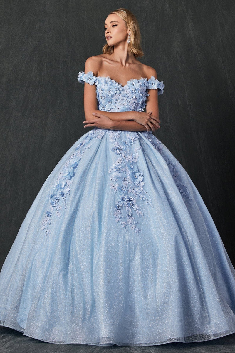Juliet 1433 3D Floral Lace Glitter Tulle Off Shoulder Quinceanera Dress