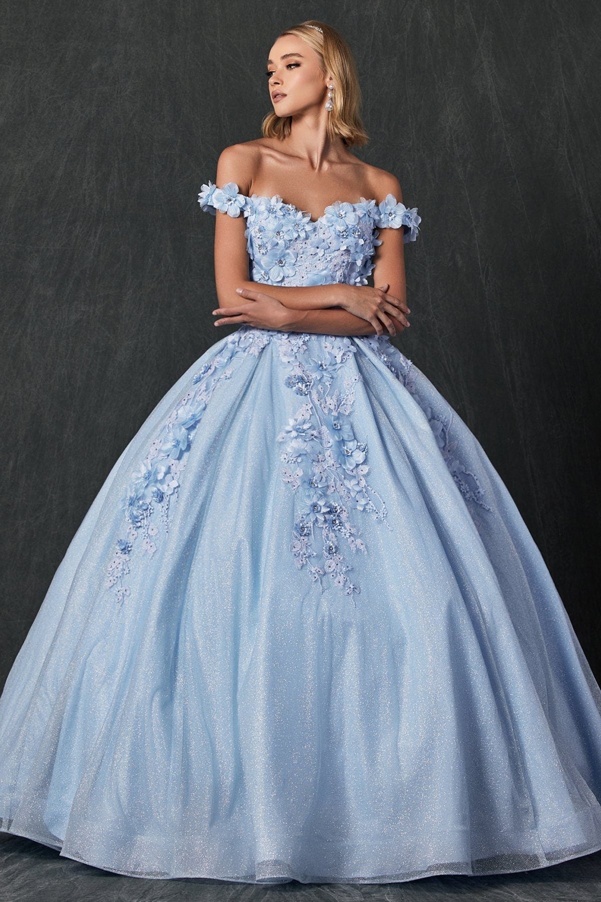 Juliet 1433 3D Floral Lace Glitter Tulle Off Shoulder Quinceanera Dress