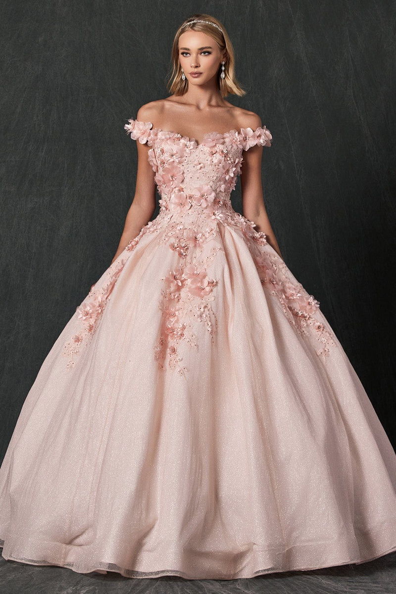 Juliet 1433 3D Floral Lace Glitter Tulle Off Shoulder Quinceanera Dress