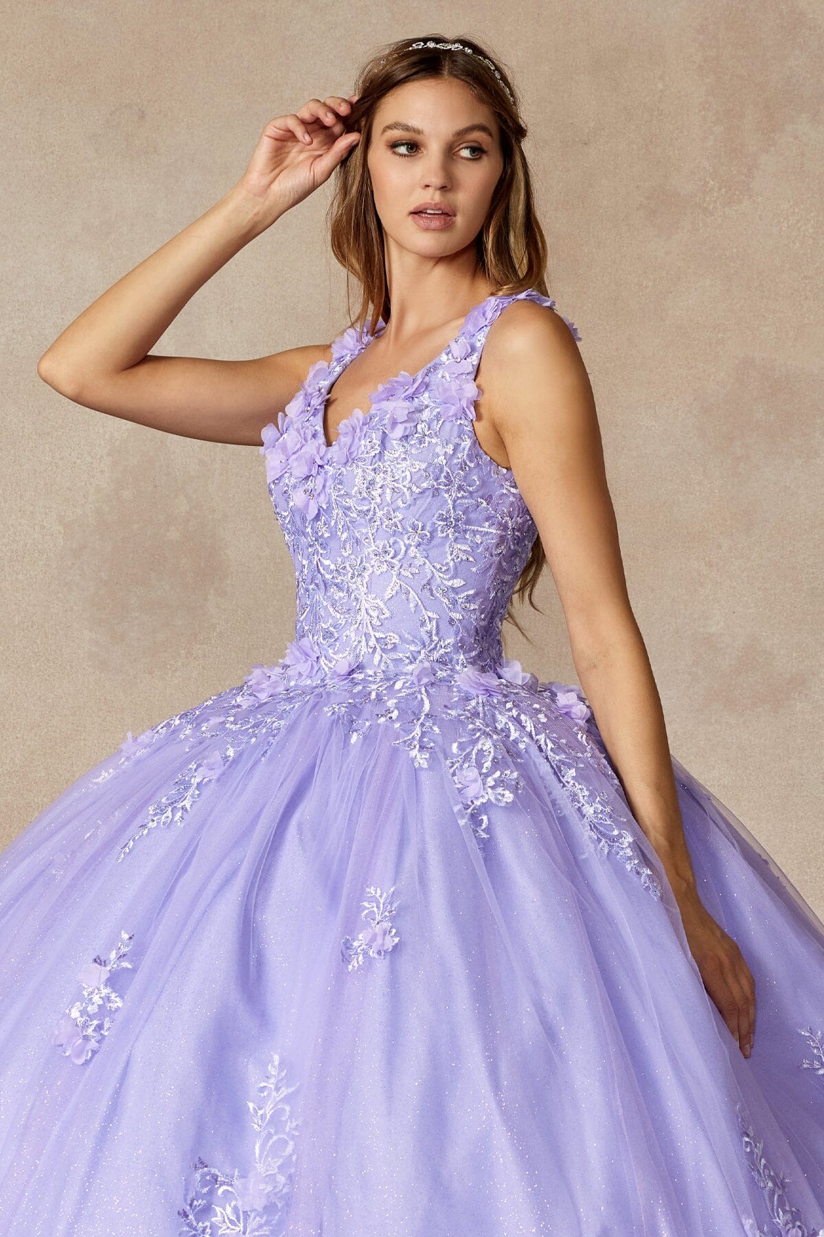 Juliet 1437 3D Floral Embellished Glitter Tulle Quinceanera Dress