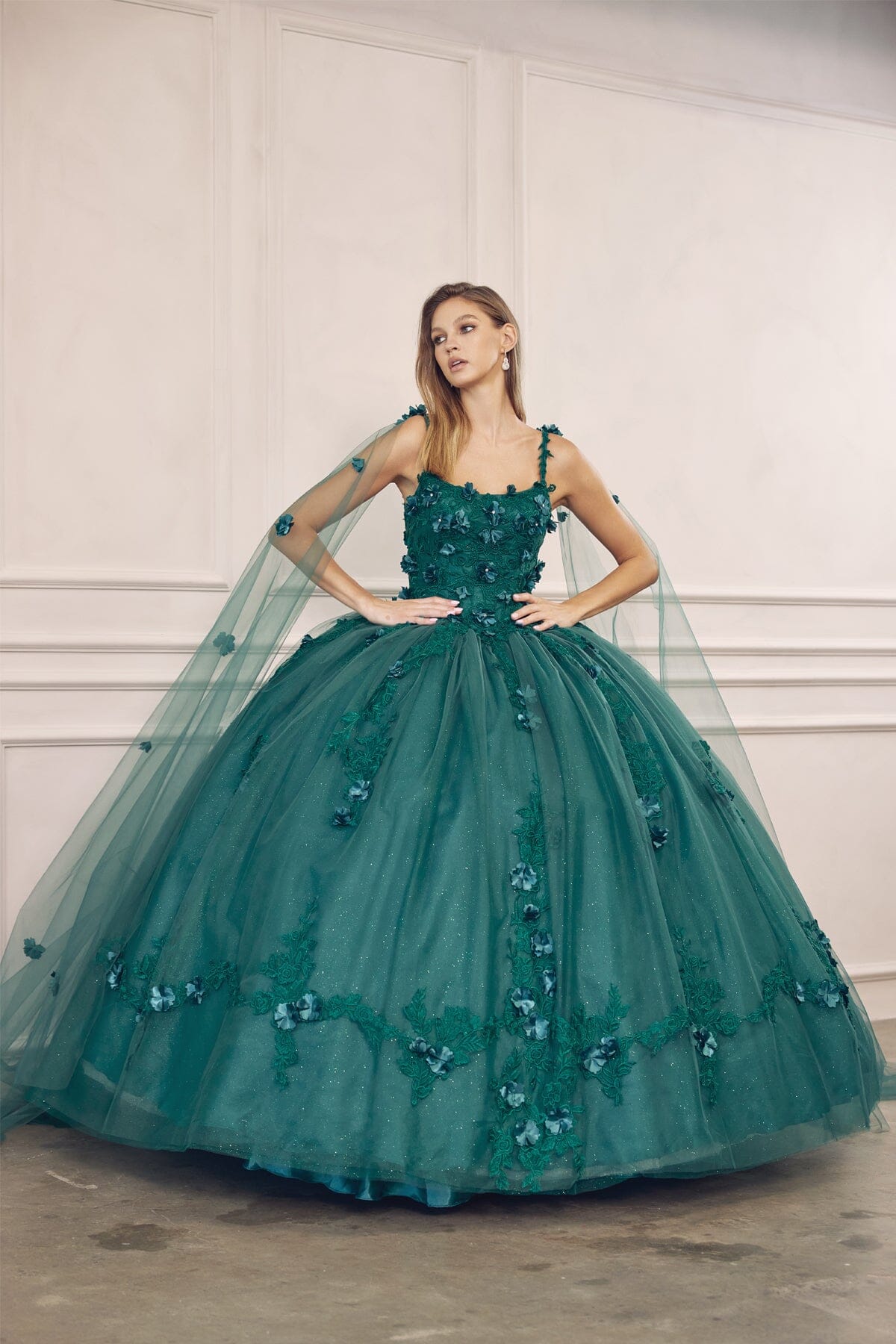 Juliet 1436 3D Floral Applique Glitter Tulle Cape Dress