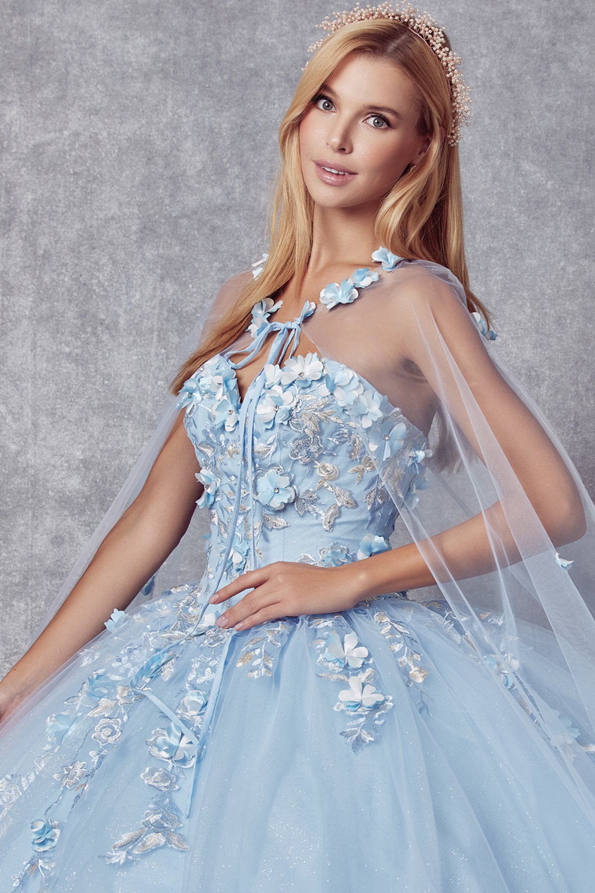 Juliet 1435 3D Floral Applique Glitter Tulle Strapless Dress