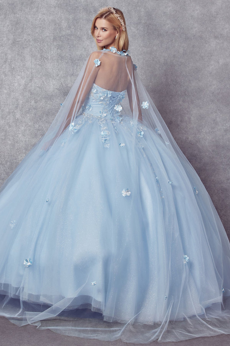 Juliet 1435 3D Floral Applique Glitter Tulle Strapless Dress
