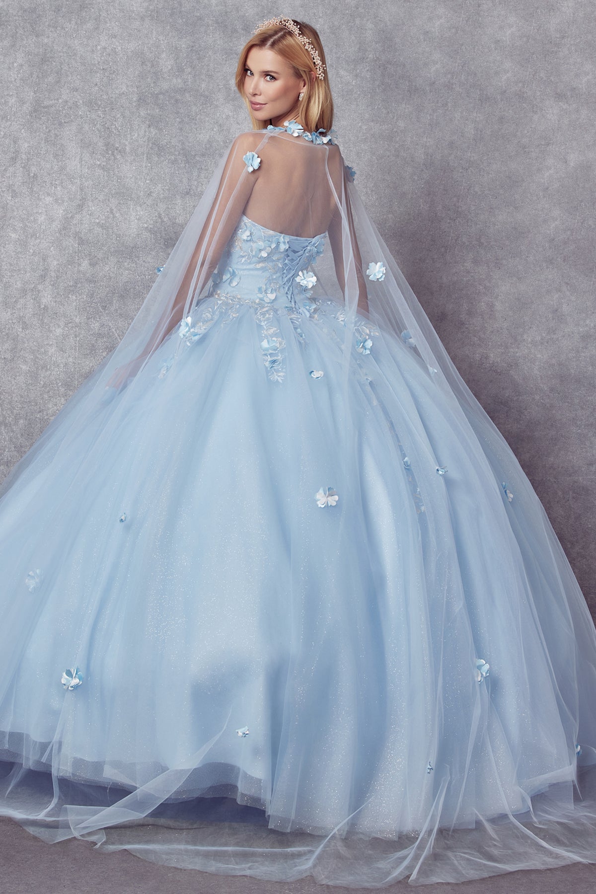 Juliet 1435 3D Floral Applique Glitter Tulle Strapless Dress