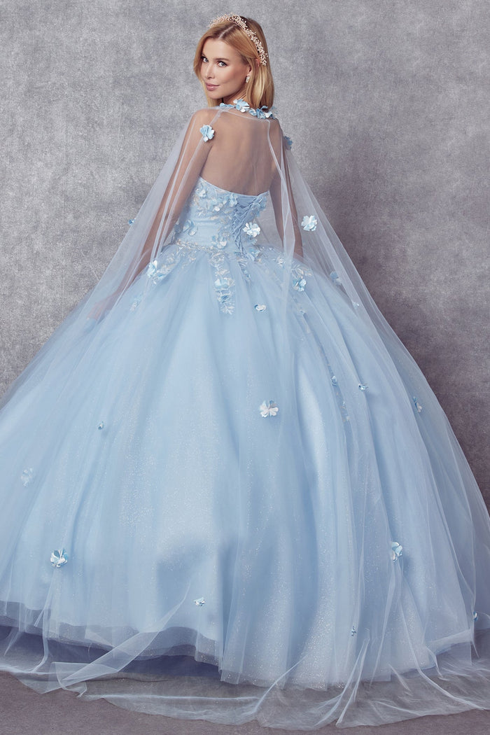 Juliet 1435 3D Floral Applique Glitter Tulle Strapless Dress