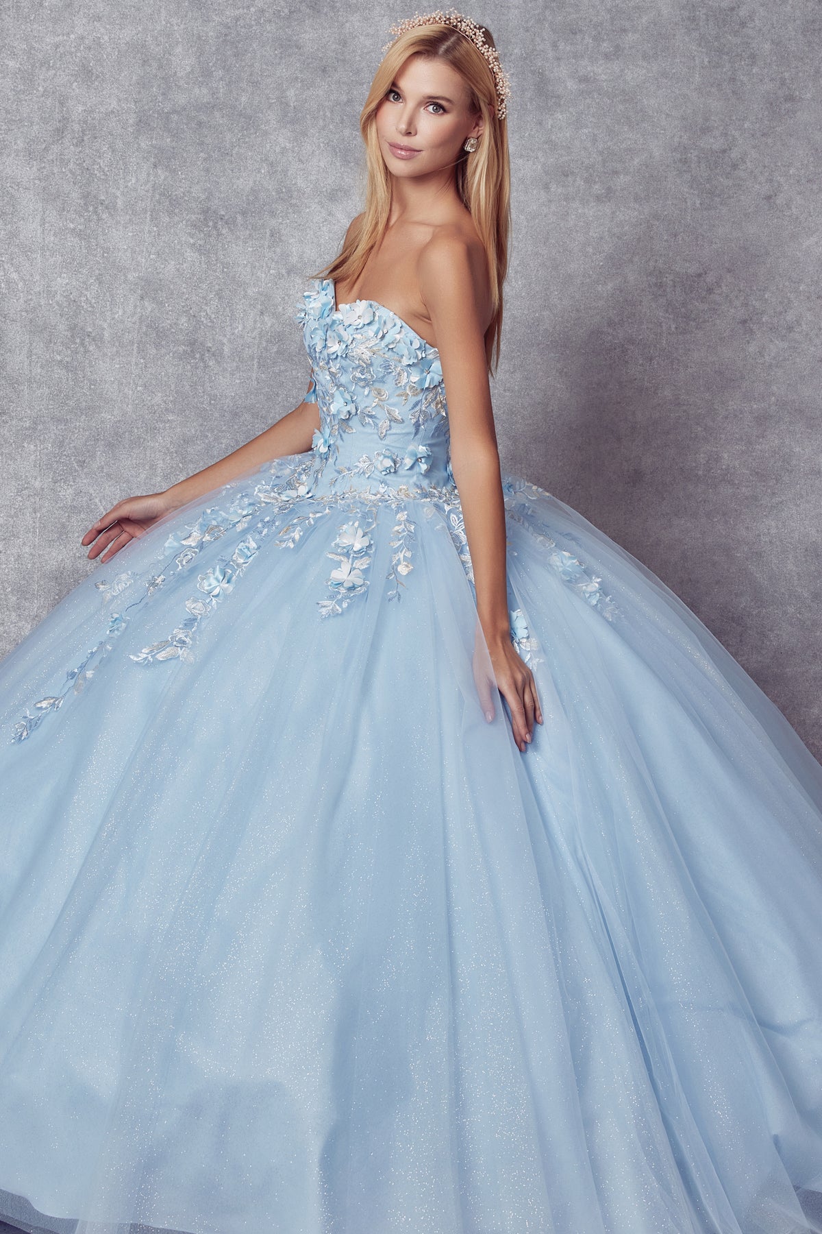 Juliet 1435 3D Floral Applique Glitter Tulle Strapless Dress