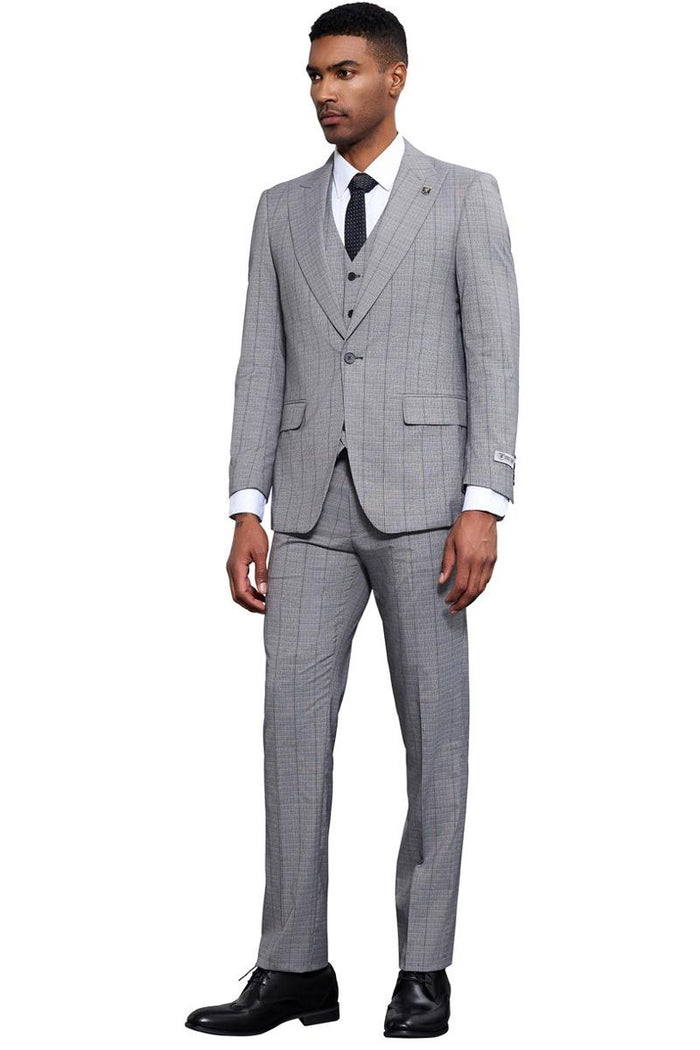 Stacy Adams men's light grey modern fit suit. Tonal windowpane plaid, single-button blazer, slim-fit trousers with crease, and a matching three-button vest. Structured fit.

