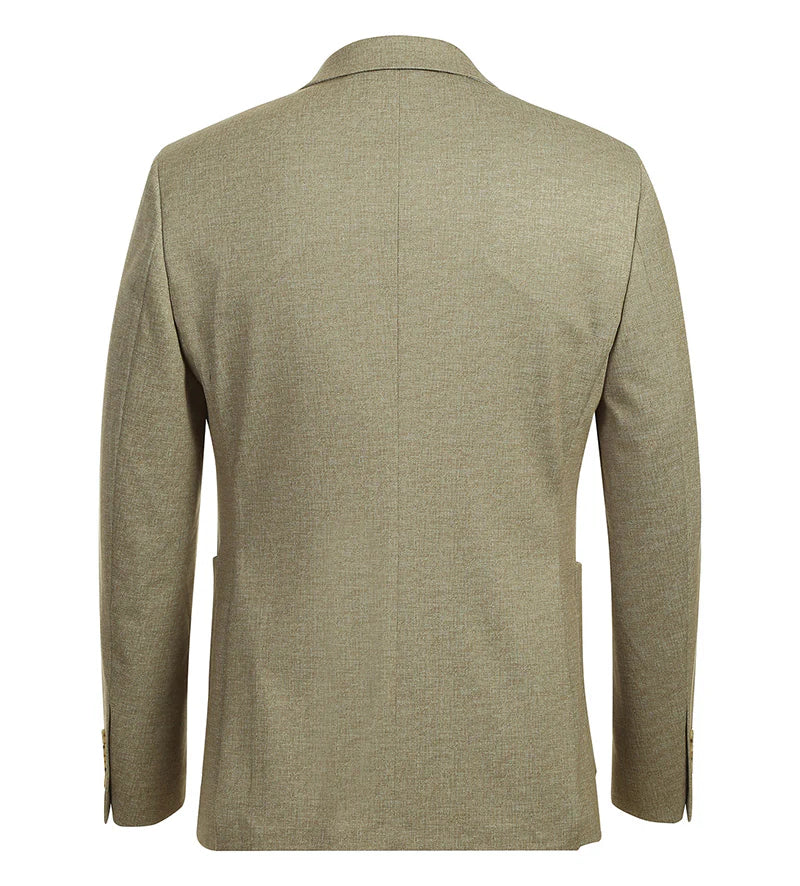Khaki slim-fit blazer with a tailored silhouette, structured shoulders, and single back vent. Textured fabric with subtle weave, long sleeves, buttoned cuffs, and two integrated side pockets.

