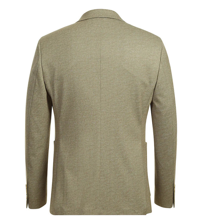 Khaki slim-fit blazer with a tailored silhouette, structured shoulders, and single back vent. Textured fabric with subtle weave, long sleeves, buttoned cuffs, and two integrated side pockets.
